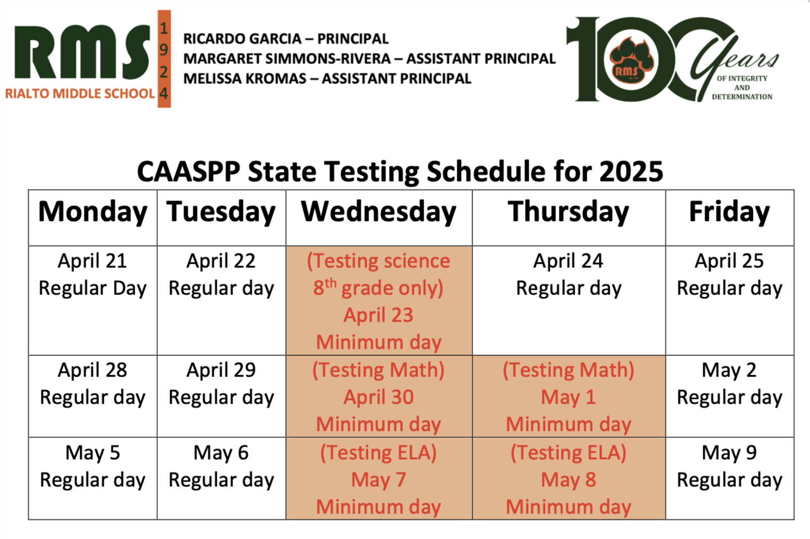 2025 Test Schedule